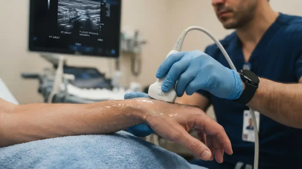Gel Condutor E Transdutor Sobre Articulacao Do Punho De Um Paciente | Dr. Breno Paschoalin Trindade — Radiologista